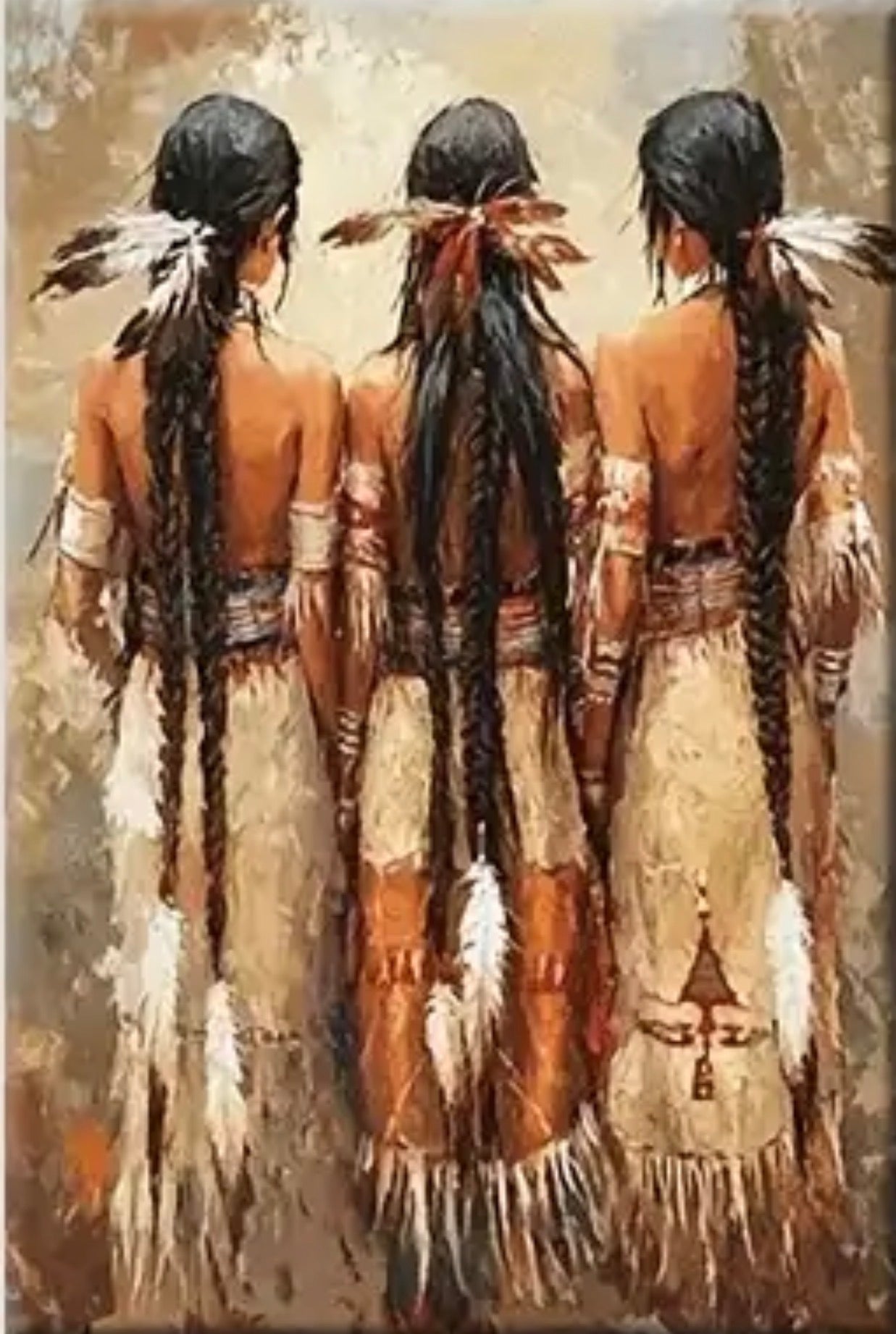Three ancestral women with long braids and feathers