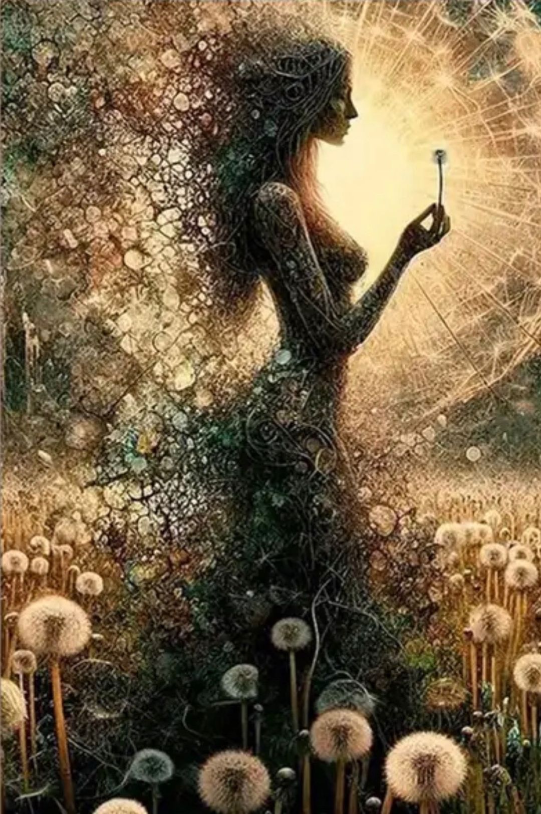 Botanical woman surrounded by dandelions