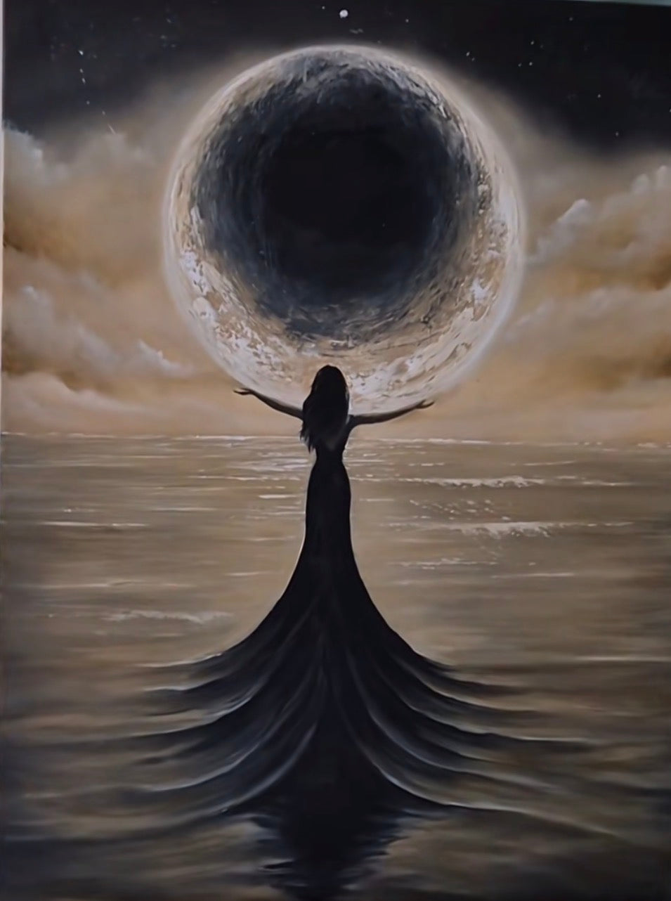 Woman standing beneath a celestial moon over water